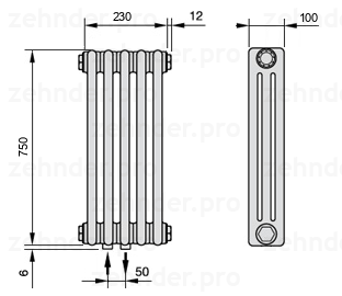 Схема (чертеж) Радиатор Zehnder Charleston 3075/5 №3470 Белый глянцевый RAL 9016